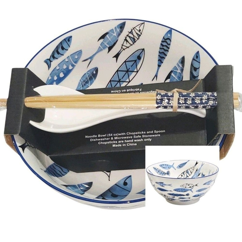 SH Home Ceramic Ramen Noodle Bowl Set 54oz Chopsticks & Spoon Blue Greek Fish
